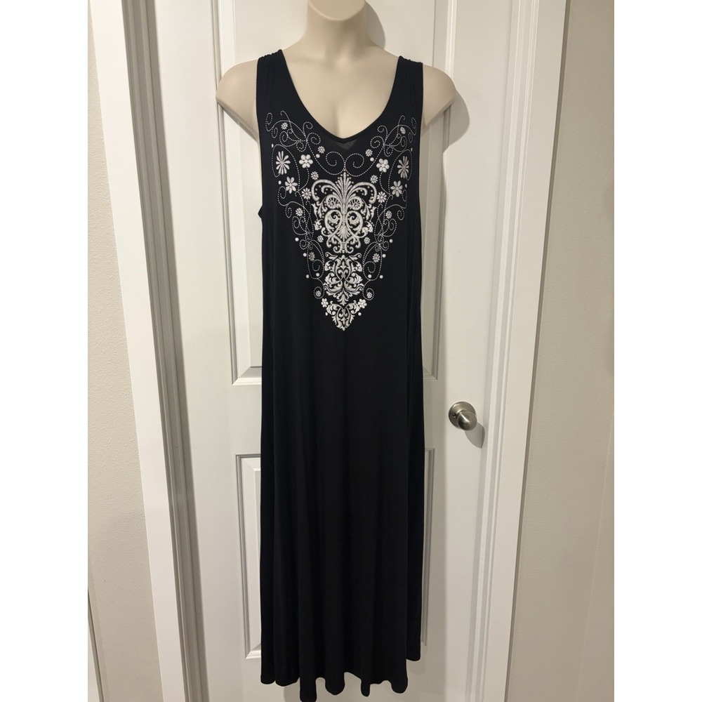 SJS Black Maxi Tank Dress~ 2X~Studded Embellished Scoop Nk Knit Beach Resort